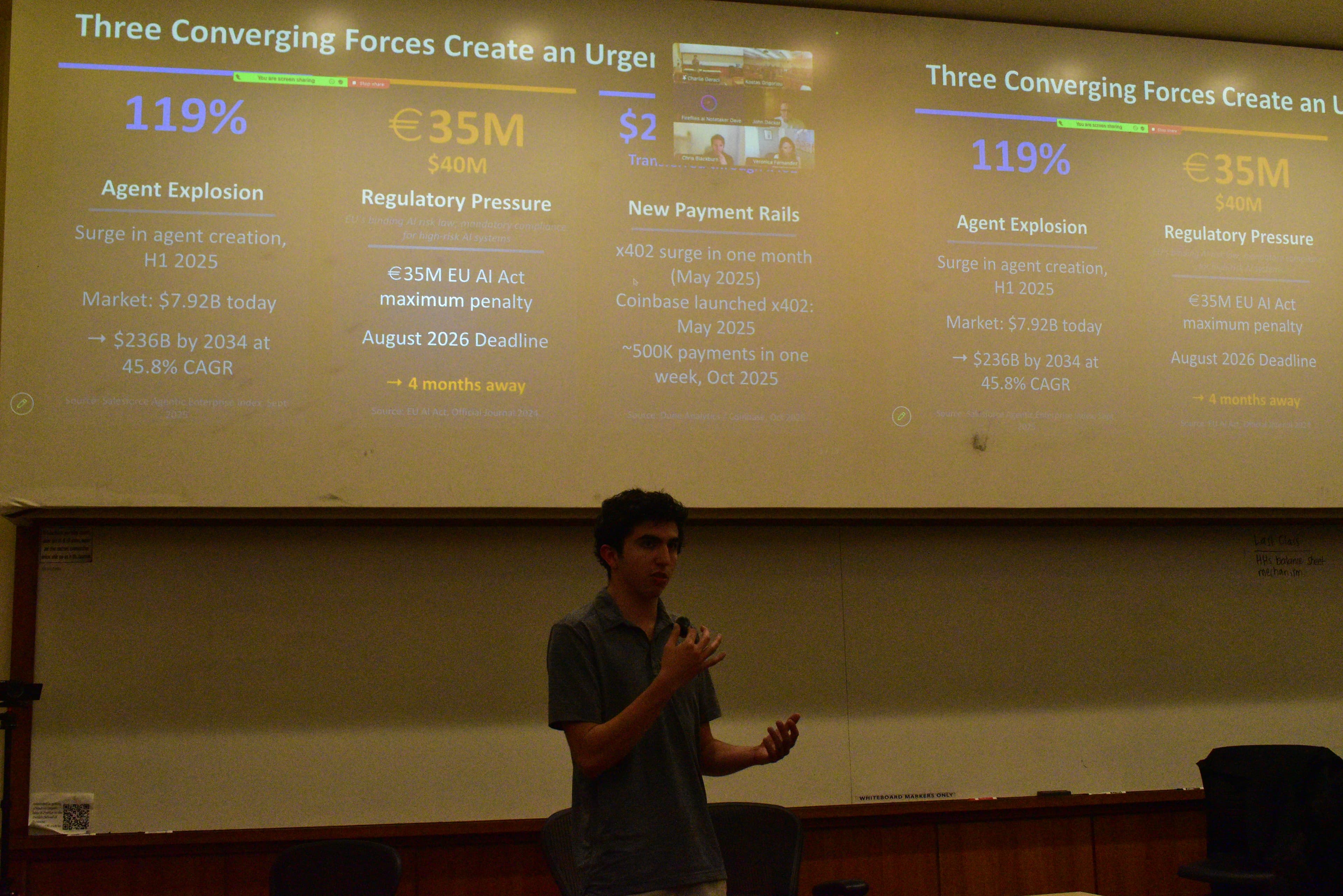 A student founder presenting a fintech venture in front of a projected pitch deck
